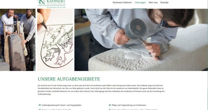 Die Webseite zeigt eine Kollage von Bildern aus dem Betrieb des Steinmetzbetriebes für den die Homepagetexte geschrieben wurden