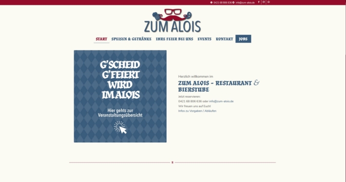 Webseitentext für "Zum Alois", ist ein Restaurant mit bayerischer und norddeutsch inspirierter Kost. Das Logo zeigt stilisiert den Inhaber