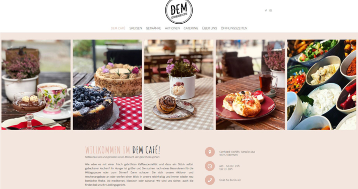 Webseitentexte - Catering SEO Texte - für das Dem Cafe aus Vegesack. Das Bild zeigt die Startseite der Homepage. Darauf abgebildet verschiedene Speisen.
