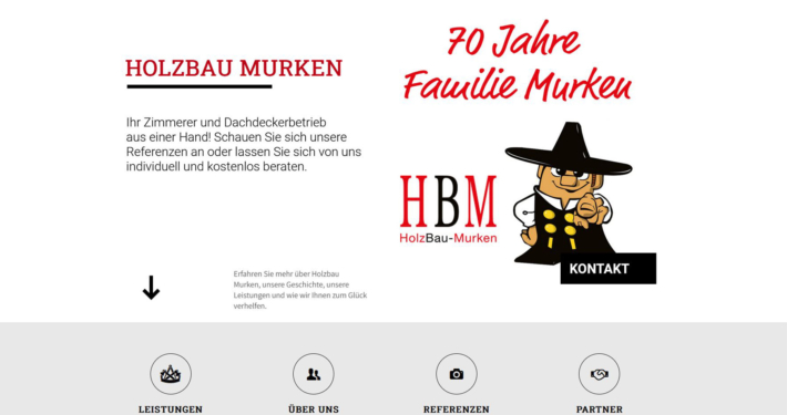 Suchmaschinenoptimierte Webseitentexte für die Schreinerei und Zimmerer Holzbau Murken aus Bremen-Nord. Das Bild zeigt die Startseite des Unternehmens